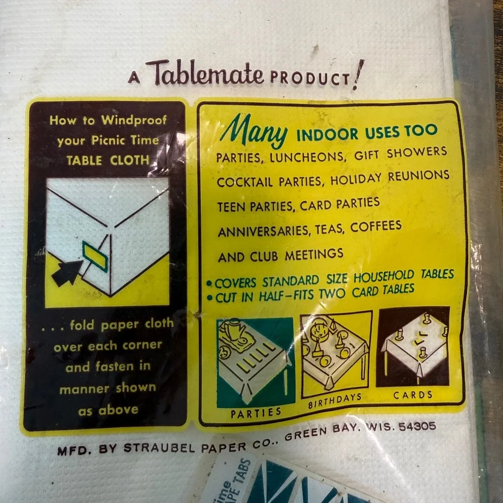 Vtg Picnic Time Windproof Tablecloth 60s Straubel Paper Co White NEW Retro Prop